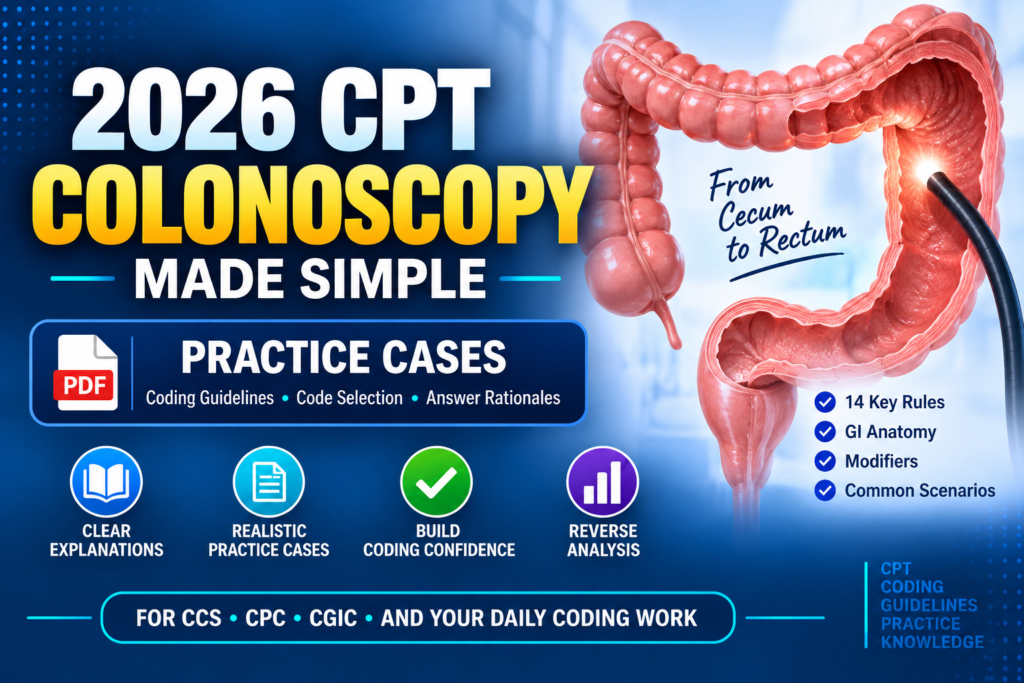 2026 CPT Colonoscopy Made Simple coding guide with practice cases and colonoscopy coding rules
