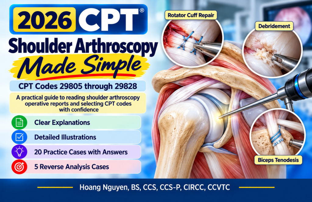 2026 CPT Shoulder Arthroscopy Made Simple guide cover with shoulder anatomy and procedure illustrations.